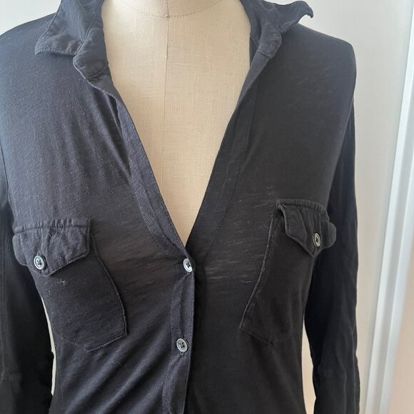 JAMES PERSE Sheer Slub Side Panel Button Down Shirt in Black Size 2 (Medium) - Picture 5 of 8
